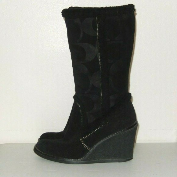Coach Boots 6 Jordana Black Suede Signature Logo Shearling Trim Wedge Side Zip - Picture 4 of 11